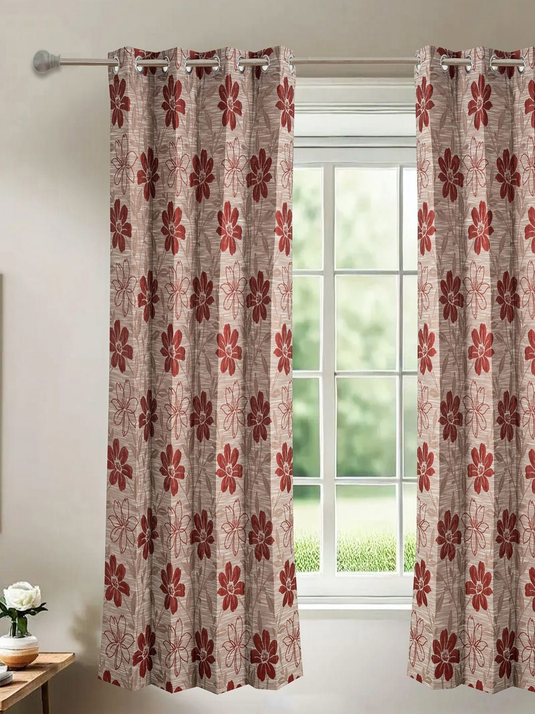 Floating Walls Furnishings Grey & Red Floral Printed Window Curtain