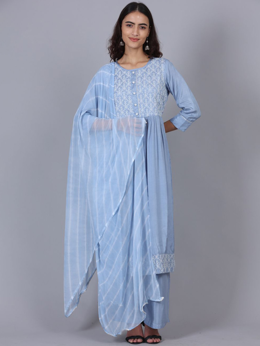 POPPIES LANE Muslin Kurta Set with Round Neck and 3/4 Sleeve Design