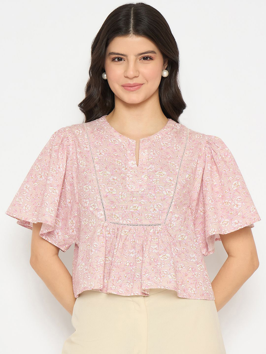 Madame Print Keyhole Neck Flared Sleeve Cotton Peplum Top
