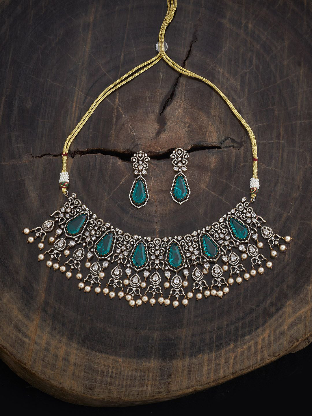 Kushal's Fashion Jewellery Green Victorian-Plated Party Zircon Jewellery Set