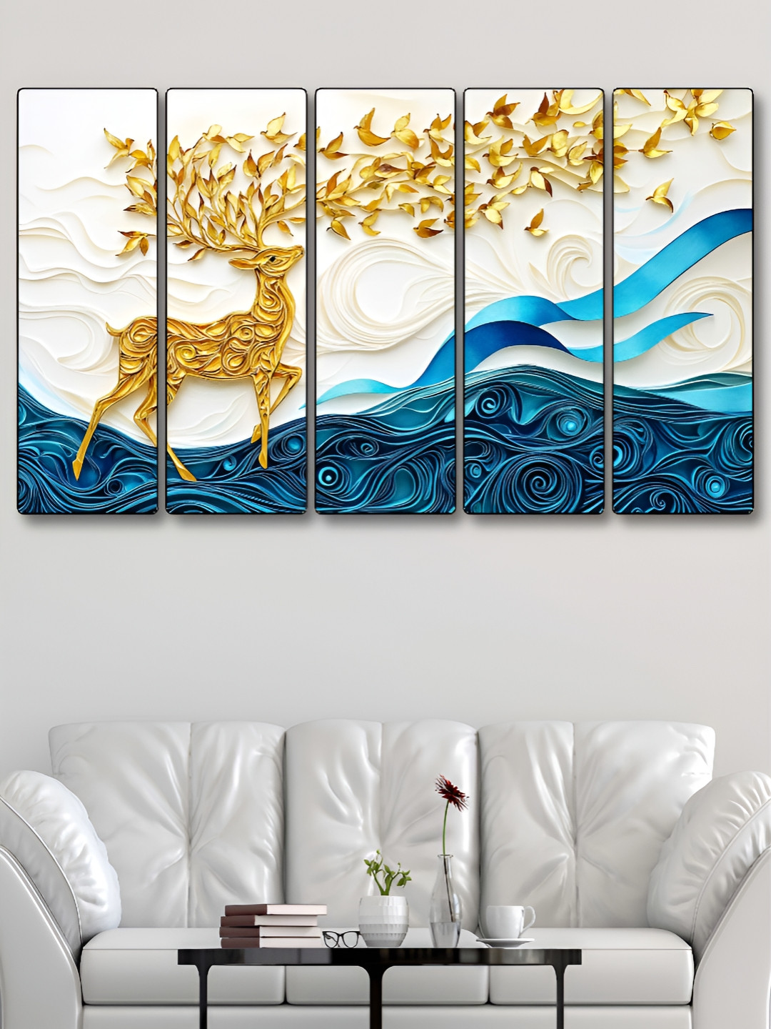 Myntra Elegant Homes White & Gold-Toned 5 Pieces Wooden Deer Birds & Animals Wall Art