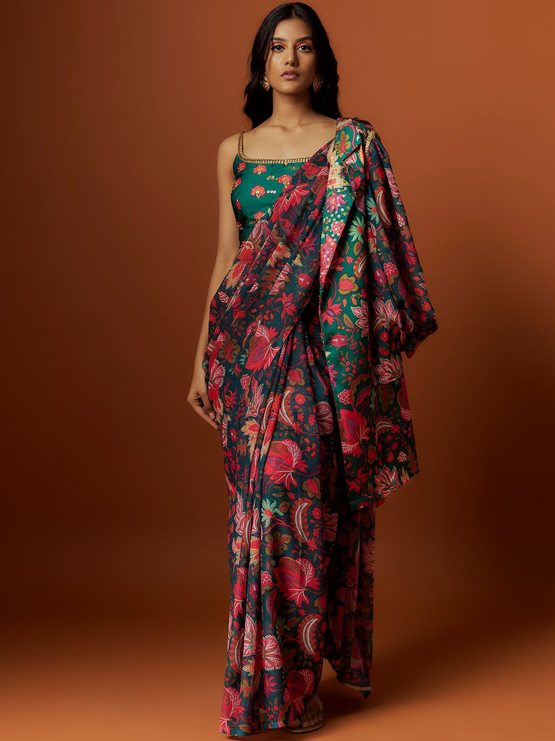 Mystake By Meghna Shah Embroidered & Printed Saree & Blouse Comes With Jacket