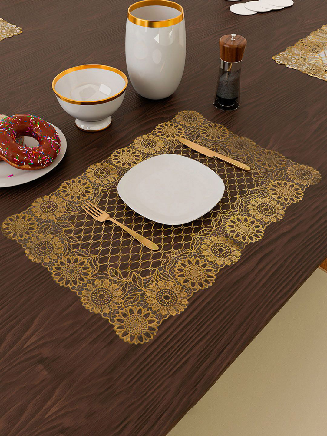 Kuber Industries Gold-Toned 4 Pieces Floral Design Rectangle Shaped Table Placemats