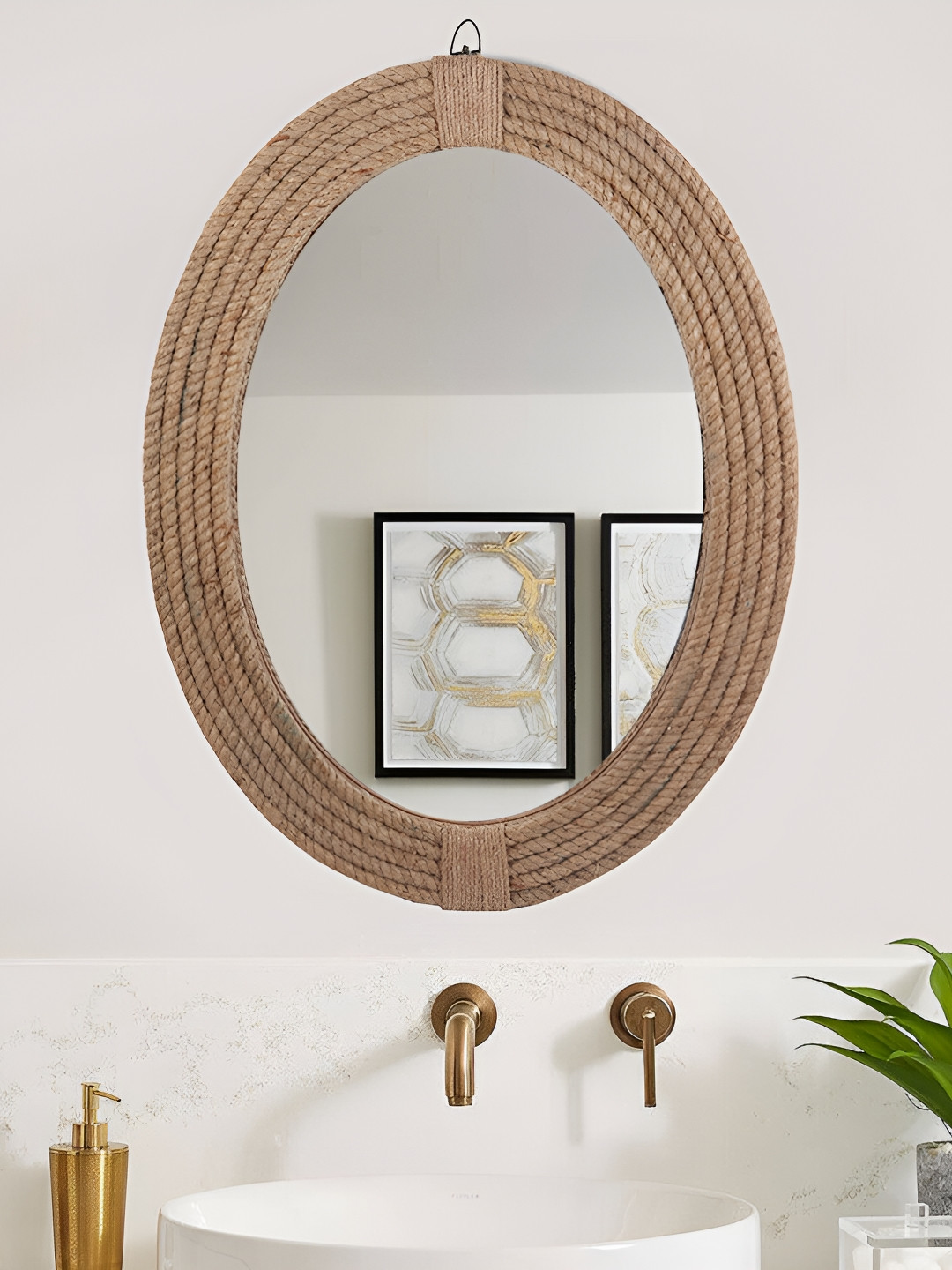 Creation India Craft Transparent & Brown Braided Rattan Oval Wall Mirror