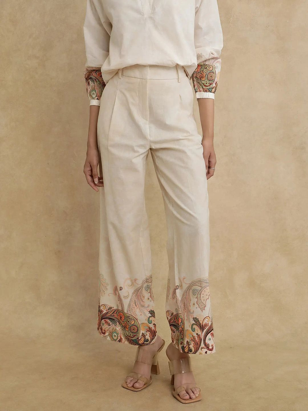 RAREISM RONIV-B Women Printed Tailored Loose Fit High-Rise Wide Leg Trousers