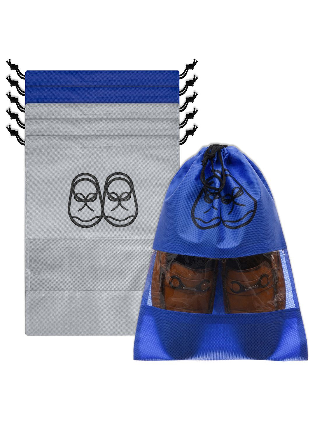 Kuber Industries Blue & Grey Pack of 6 Printed Non-Woven Shoe Cover With Drawstring