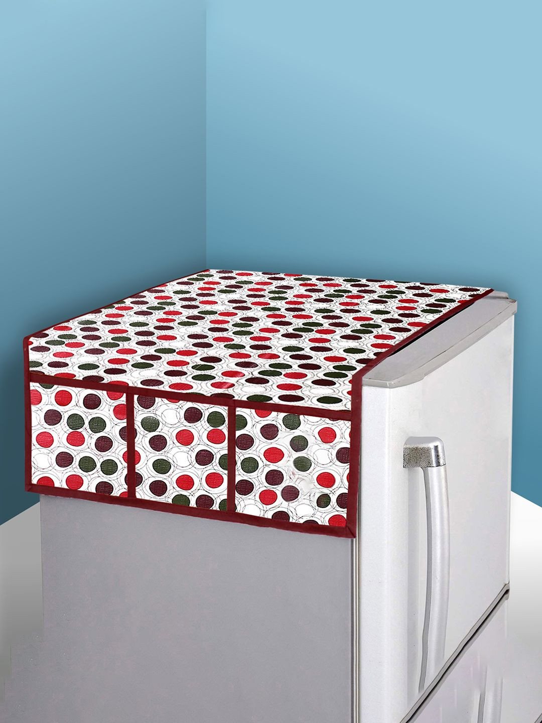 Kuber Industries White & Red Dot Print Fridge Top Cover With 6 Pockets Appliance covers
