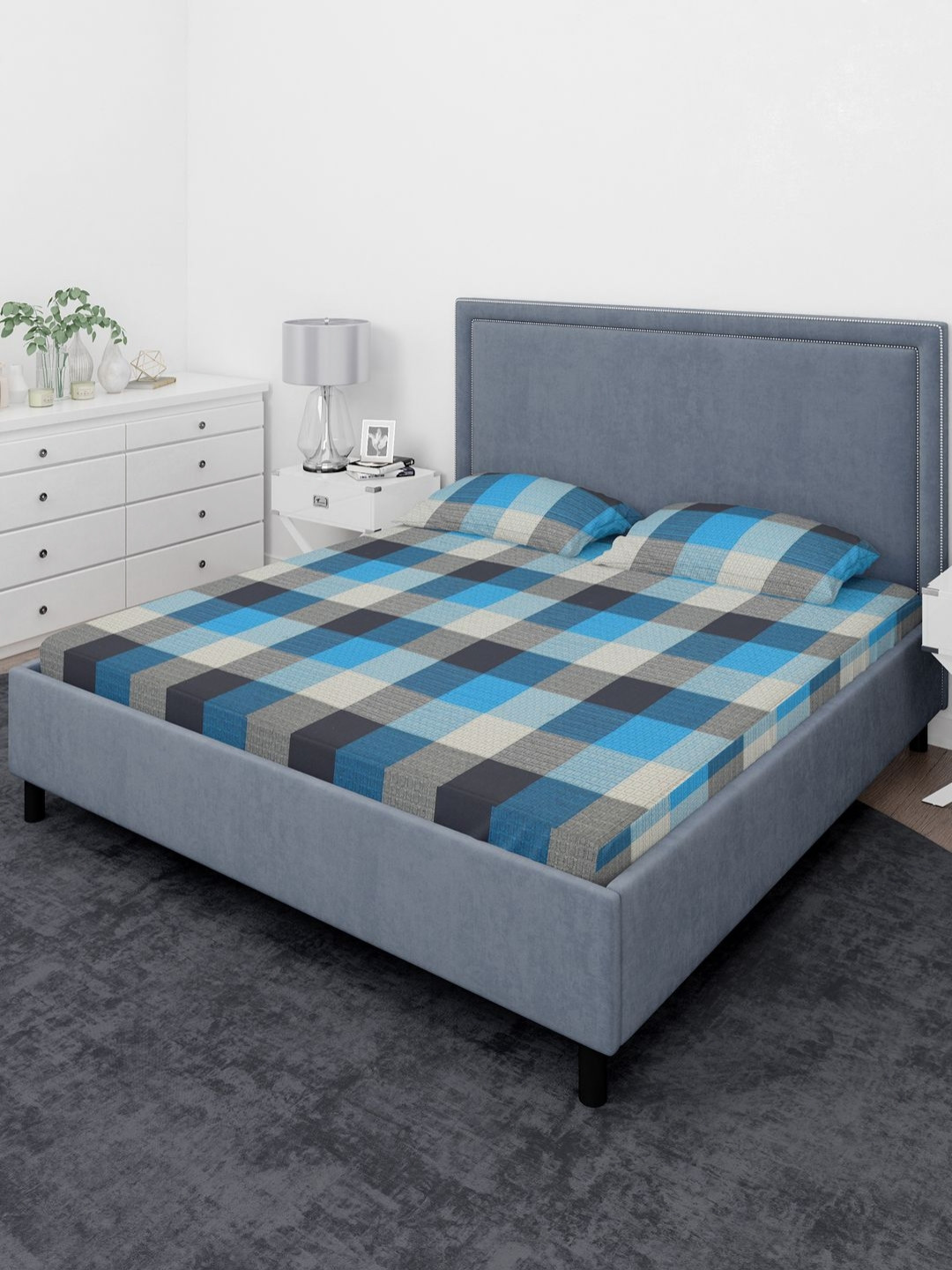 THE CONVERSION Blue Checked Cotton Skin-Friendly 210 TC King Fine Bedsheet with 2 Pillow Covers-90 x 94 inches