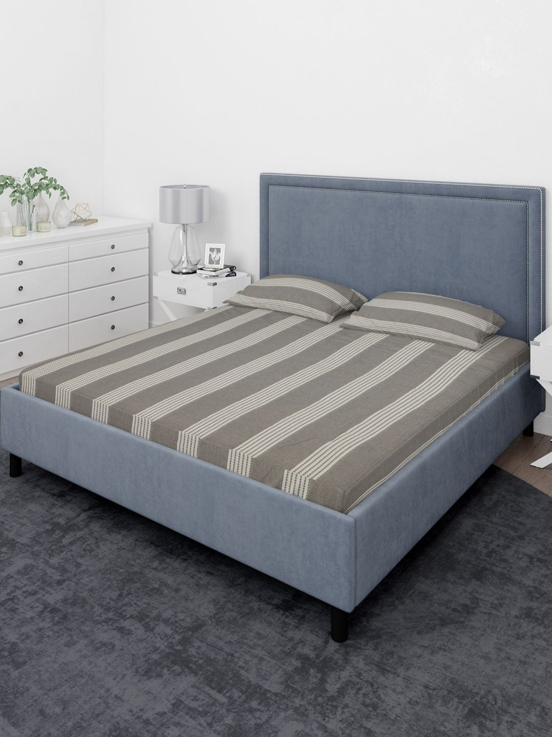 THE CONVERSION Grey Striped Pure Cotton Skin-Friendly 210 TC King Fine Bedsheet with 2 Pillow Covers-90 x 94 inches