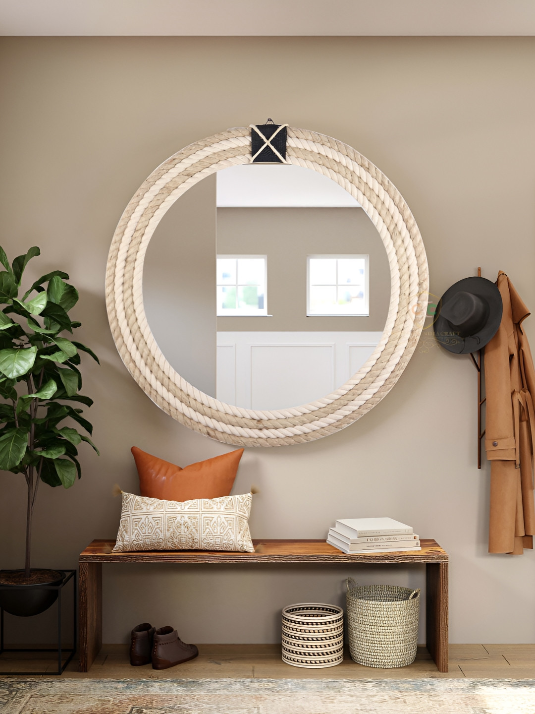 Creation India Craft Transparent & Beige Braided Jute Round Wall Mirror