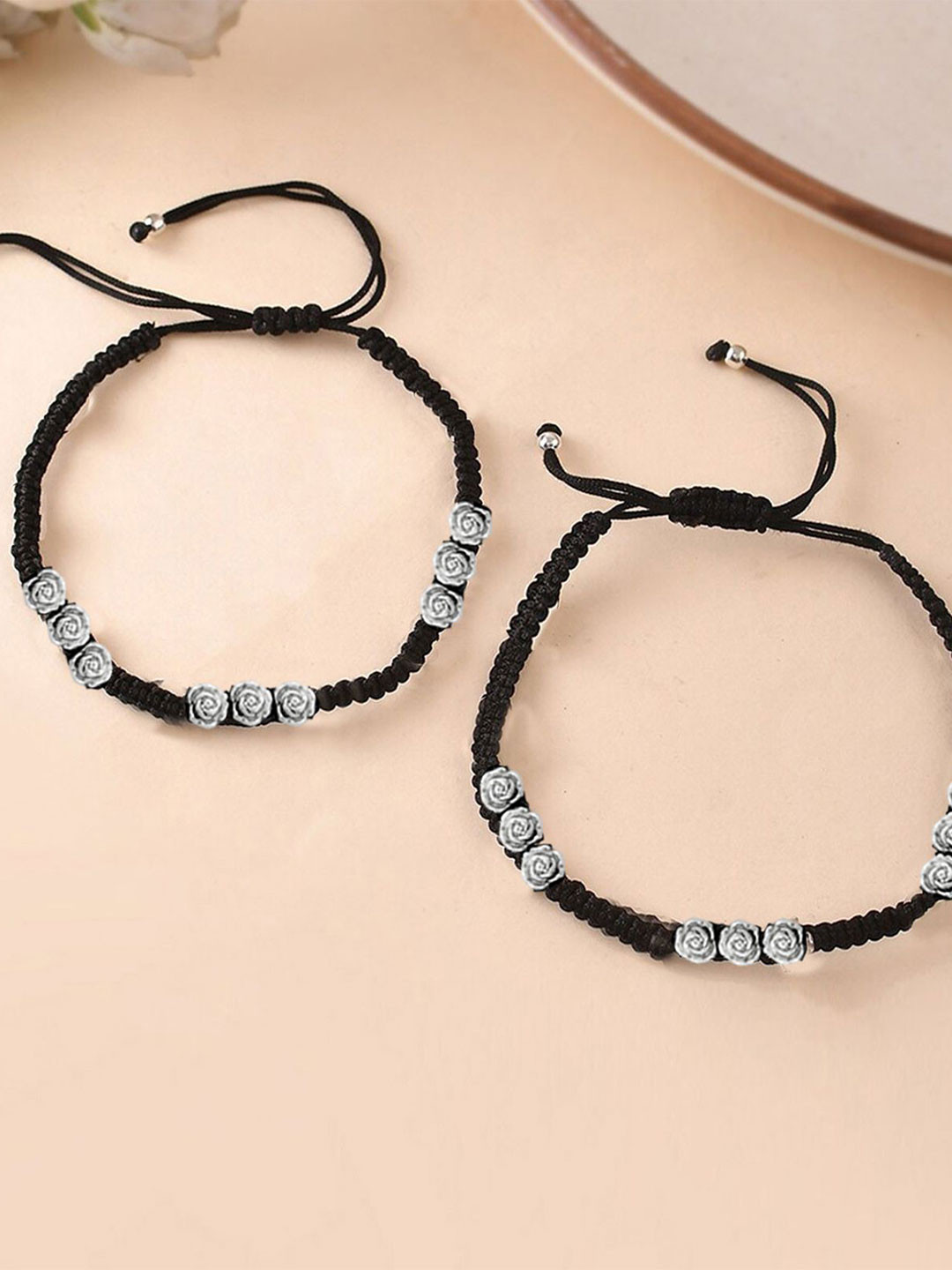 VAMA Women Set of 2 Adjustable Black Thread Silver Rose Flower Anklet