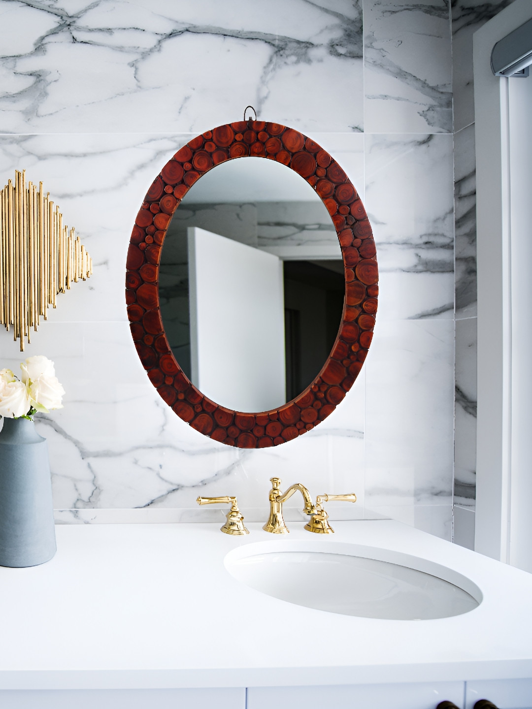 Creation India Craft Transparent & Brown Wooden Oval Wall Mirror