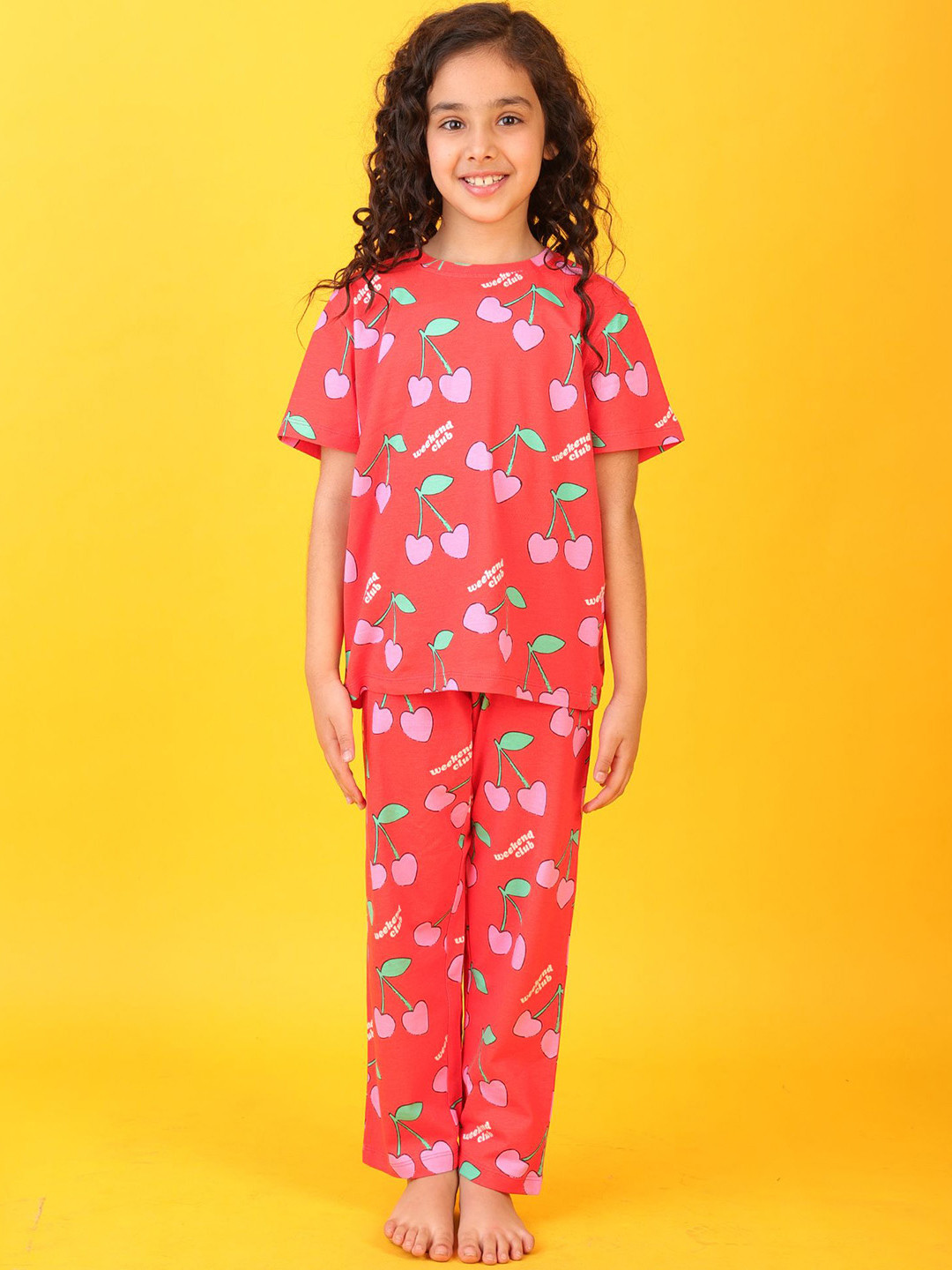 Anthrilo Girls Cherry Red Short Sleeves Pyjama Set