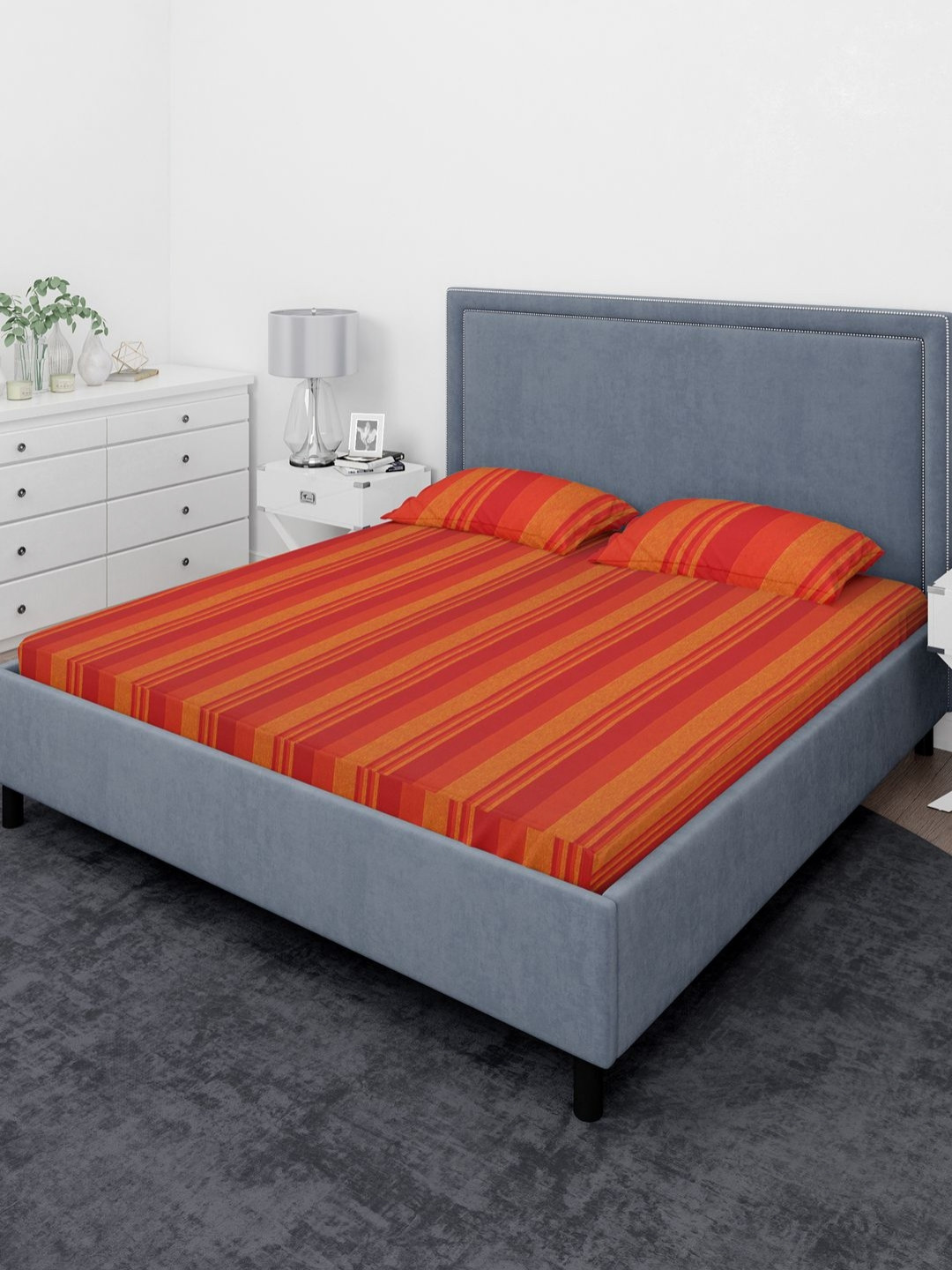 THE CONVERSION Red Striped Pure Cotton 210 TC King Fine Bedsheet with 2 Pillow Covers-90 x 94 inches
