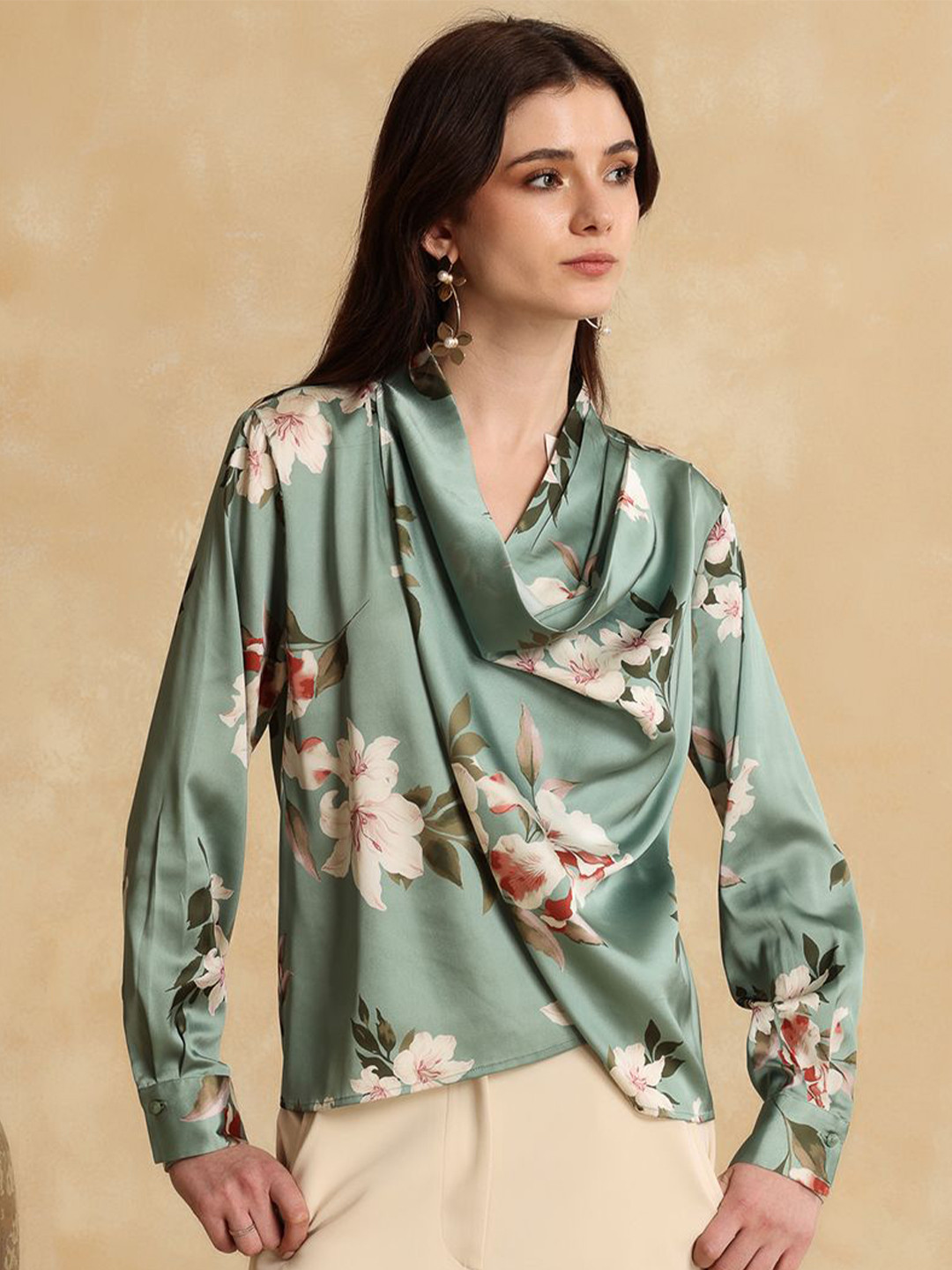 Kazo Nicole  Women Floral Printed Cowl Neck Draped Satin Blouson Top