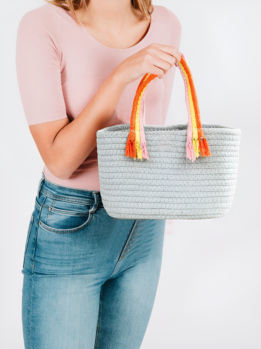 HOMADORN Grey & Yellow Cotton Super Strong Multi-Utility Basket