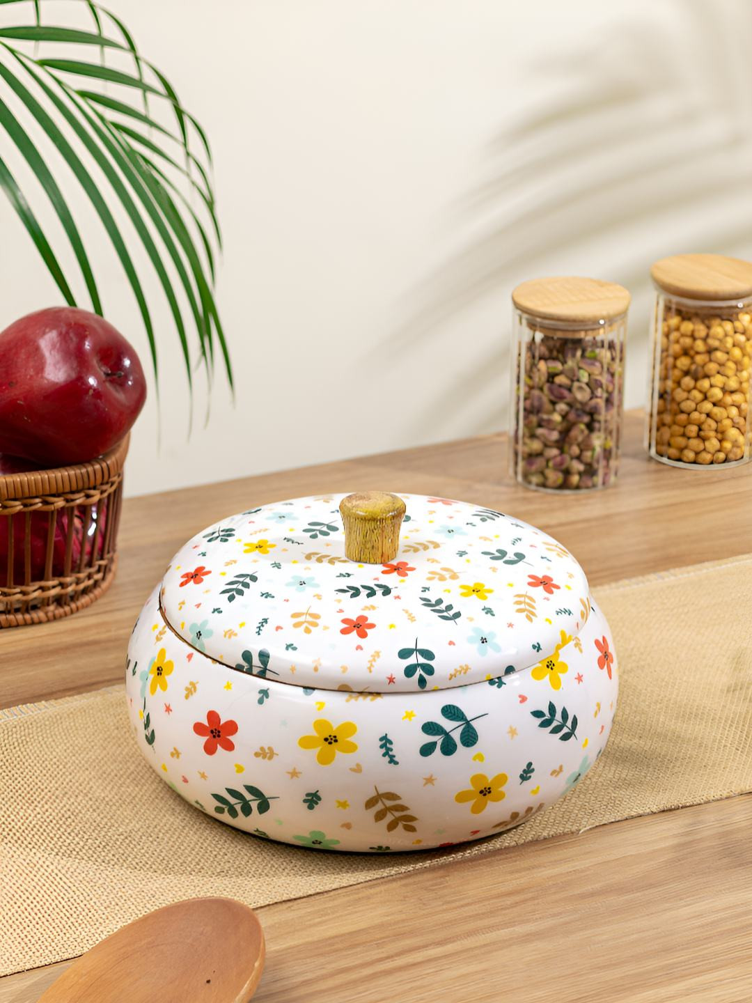 HomeShastra White & Blue Floral Printed Easy to Clean Wooden Cook and Serve Casserole