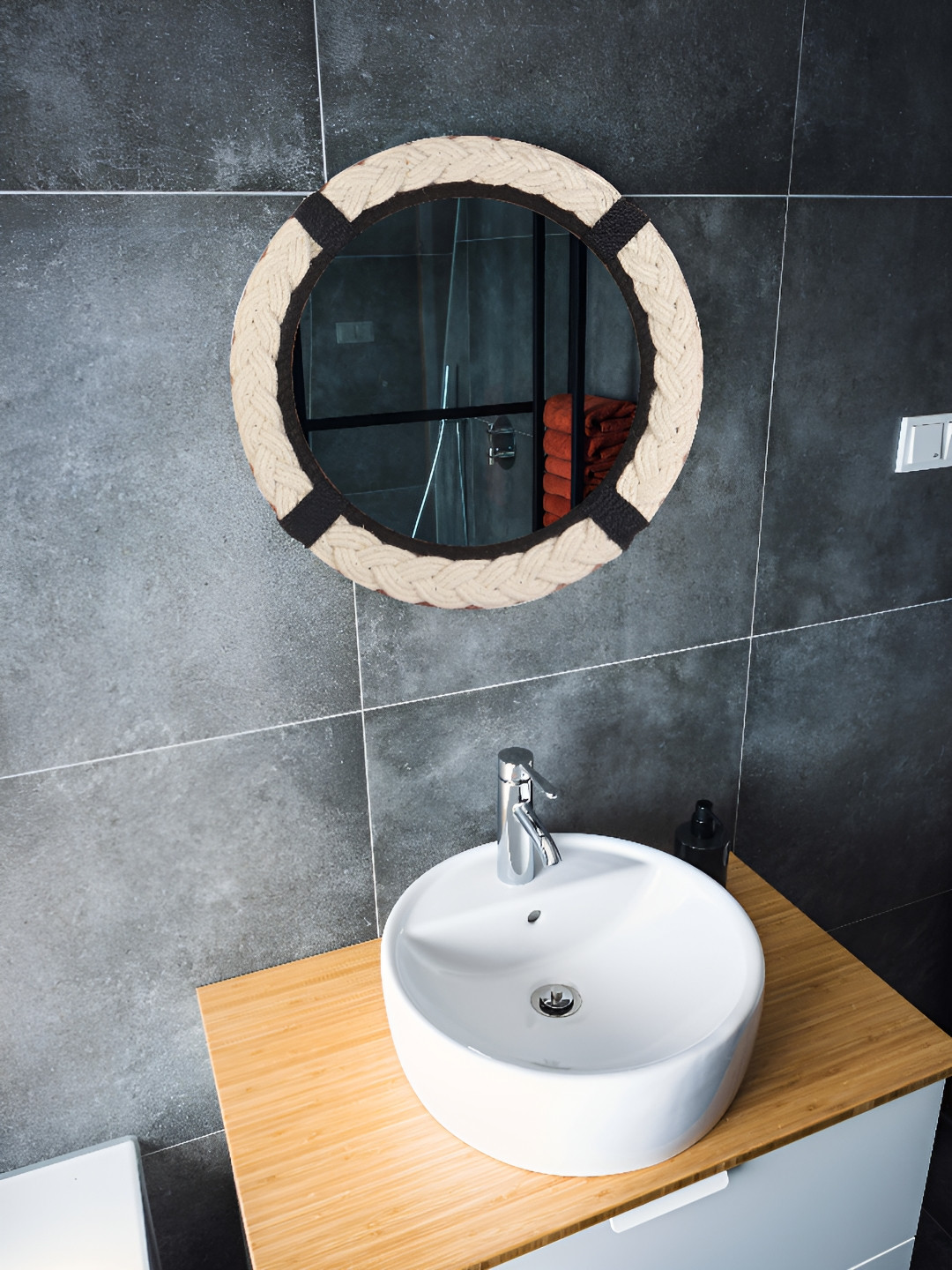 Creation India Craft Transparent & Beige Braided Jute Round Wall Mirror