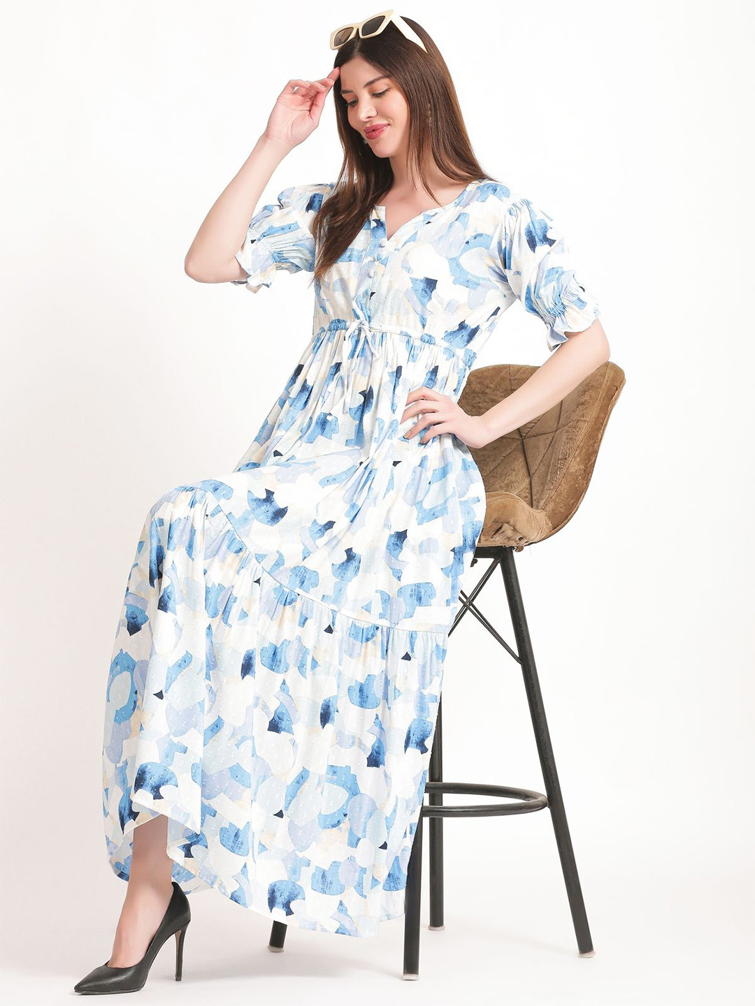 NOUN Print Puff Sleeve Fit & Flare Maxi Dress