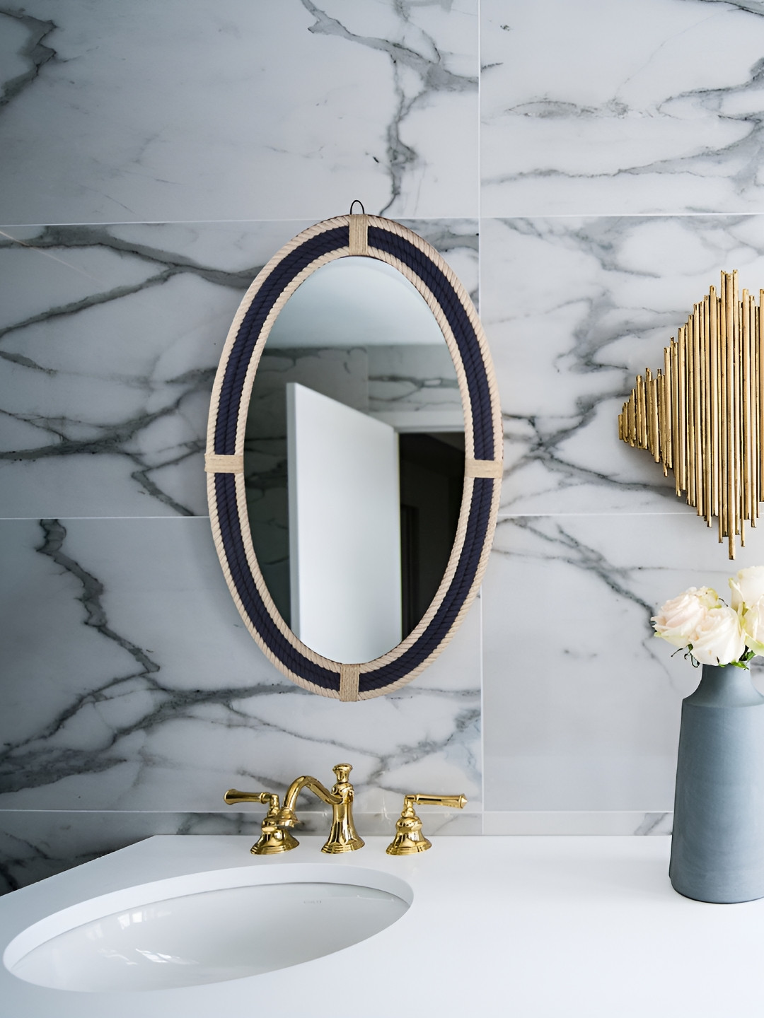 Creation India Craft Transparent & Beige Braided Rattan Oval Wall Mirror