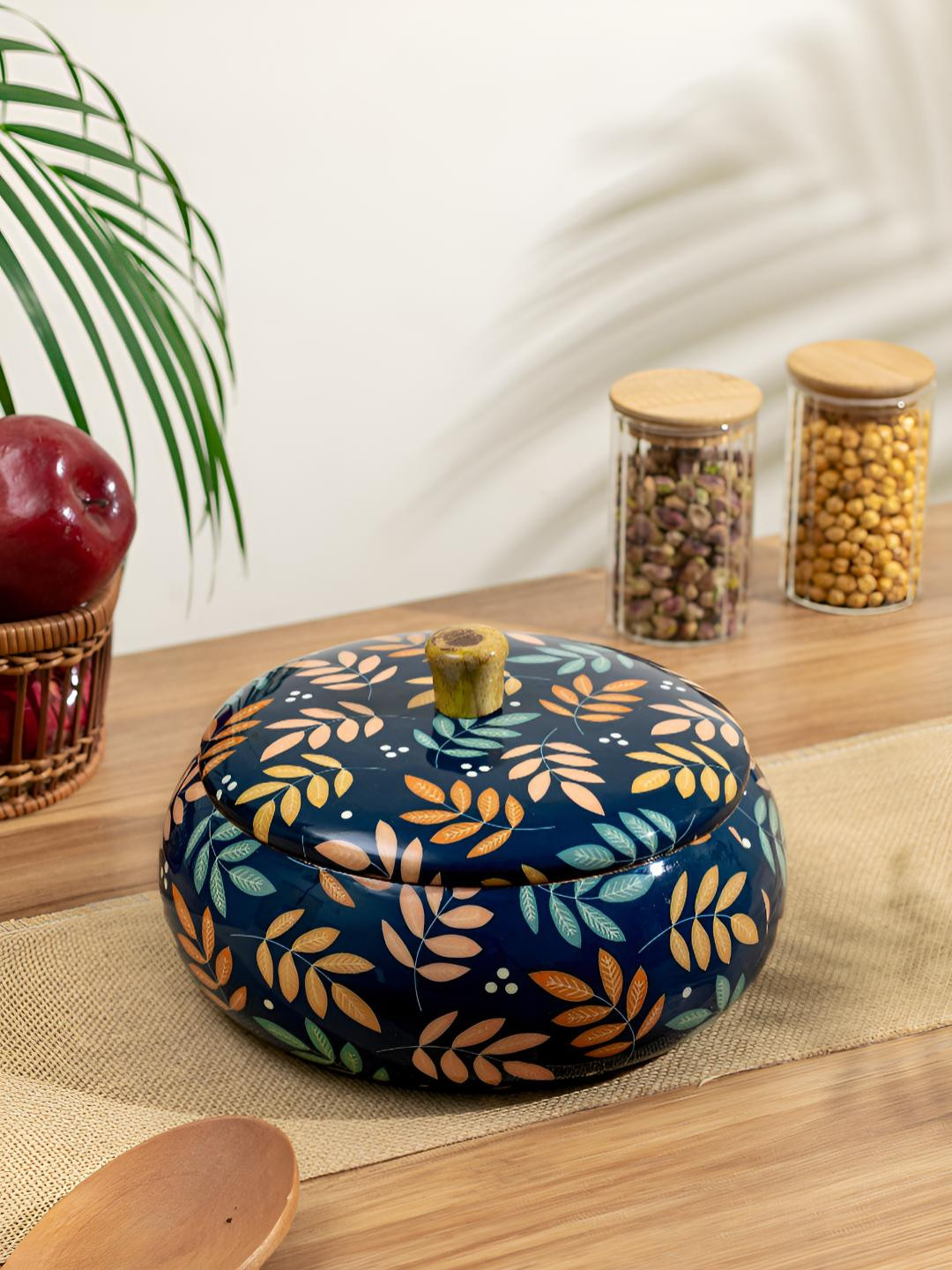 HomeShastra Blue & Beige Leaf Printed Easy to Clean Wooden Cook and Serve Casserole