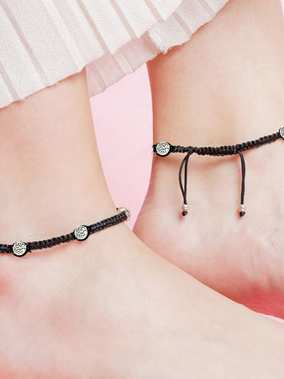 VAMA Women Set Of 2 Sterling Silver Plated Round Black Thread Leg Anklet