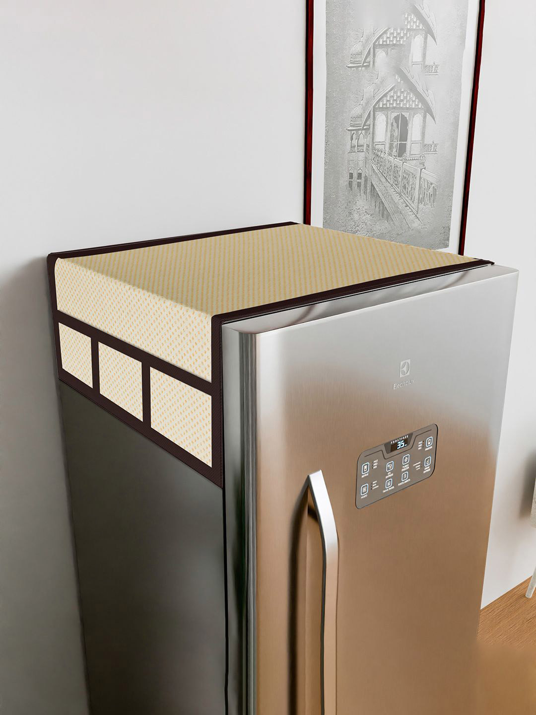 Kuber Industries Gold-Toned Dot Printed Rexine Fridge Top Appliance Cover