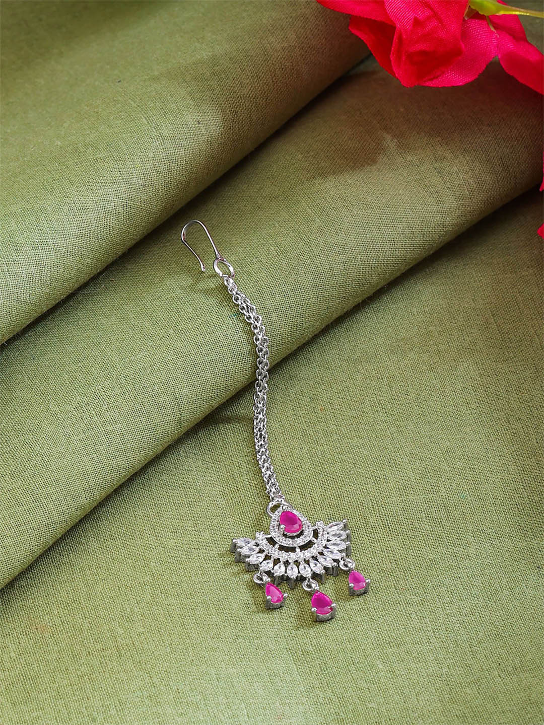 Yellow Chimes Rhodium-Plated American Diamond Maang Tikka Head Jewellery