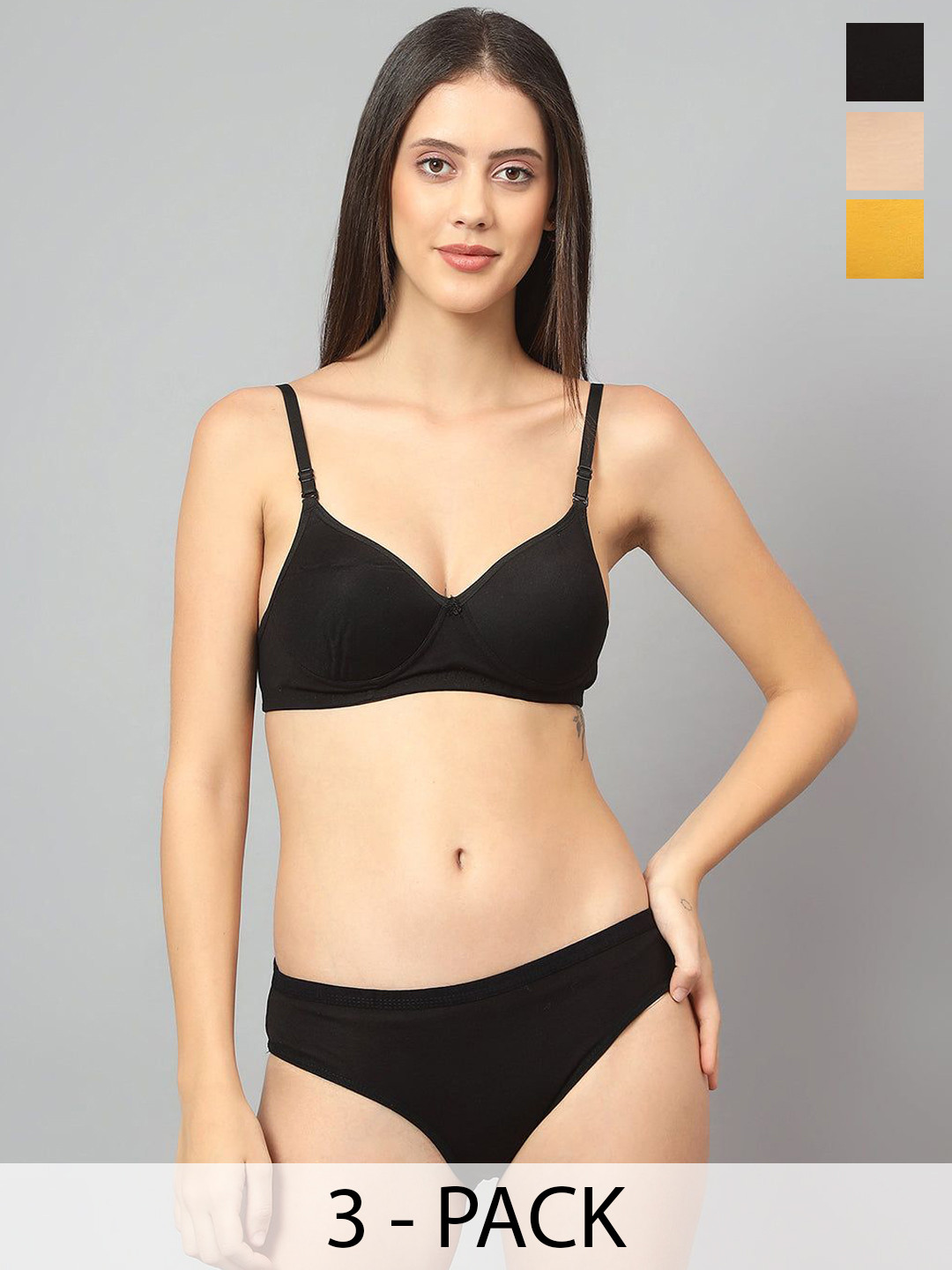 Designer Bugs Pack Of 3 Cotton Non Padded Non Wired Lingerie Set NPLS-B-Y-PH-30B