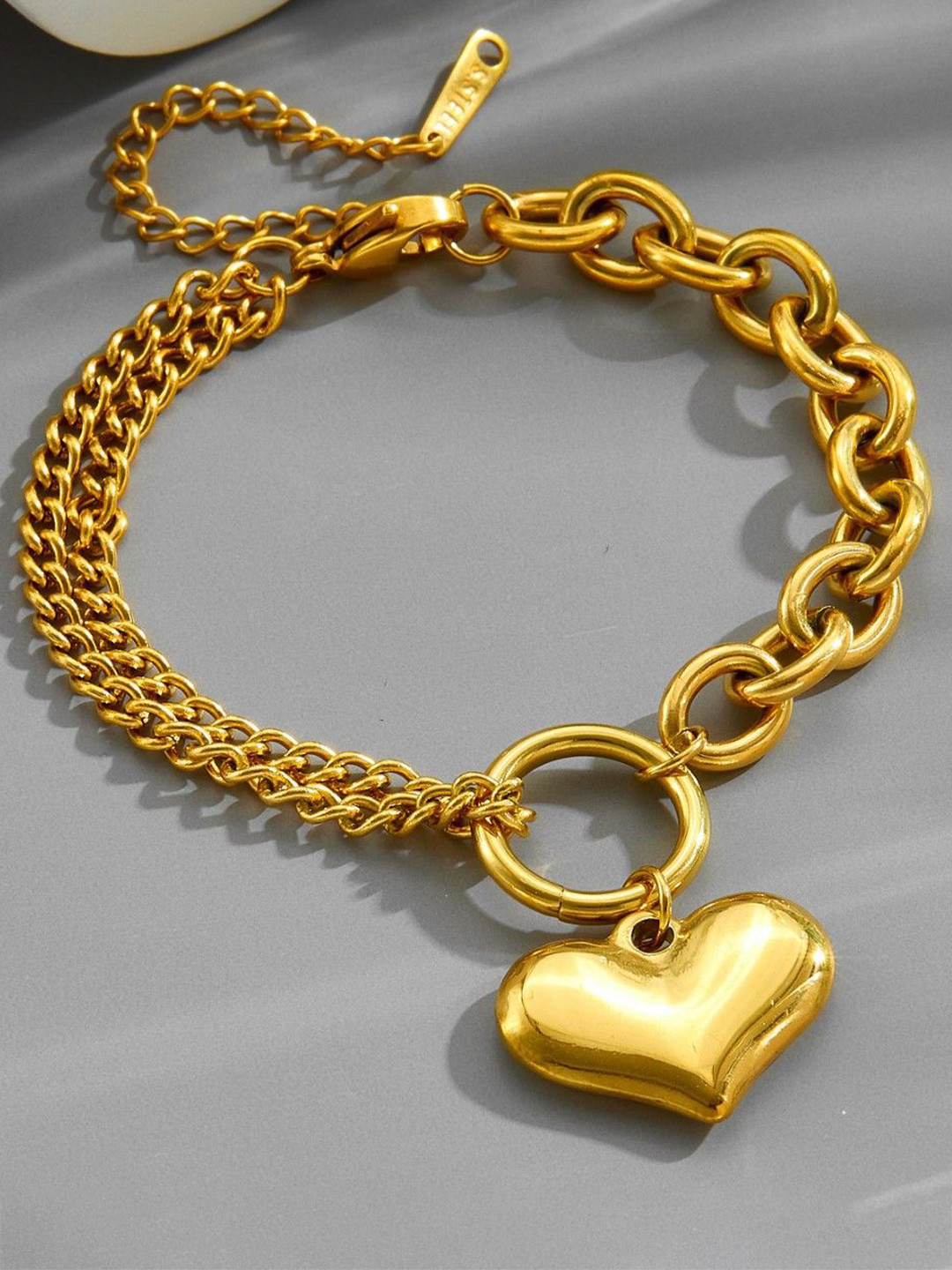 MEENAZ Stainless Steel Gold-Plated Chain Heart Charm Anti Tarnish Bracelet