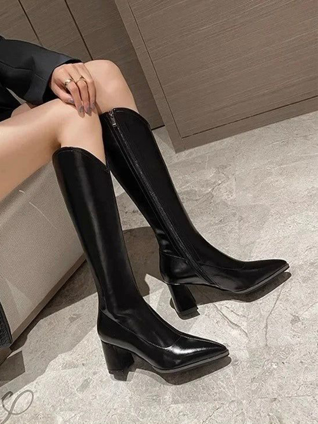 Miss Mosa By Akanksha  Black Rhodes Knee High Pointed Leather Boots