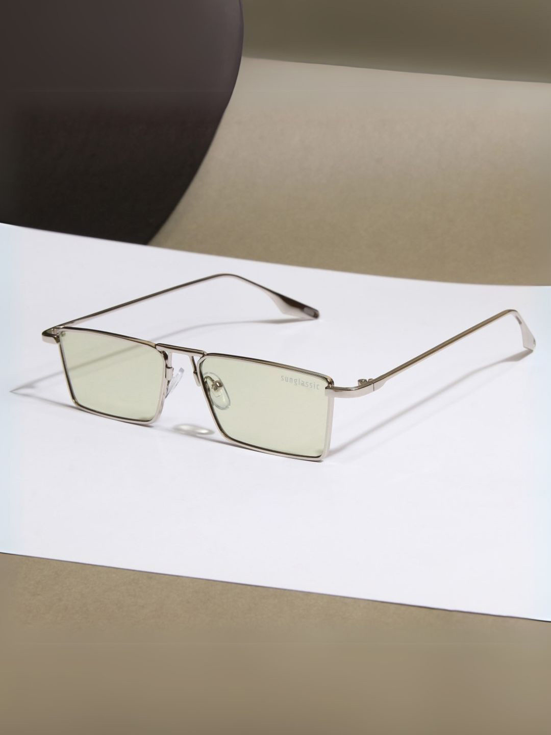 SUNGLASSIC Unisex Rebel Silver Green Rectangle Sunglasses