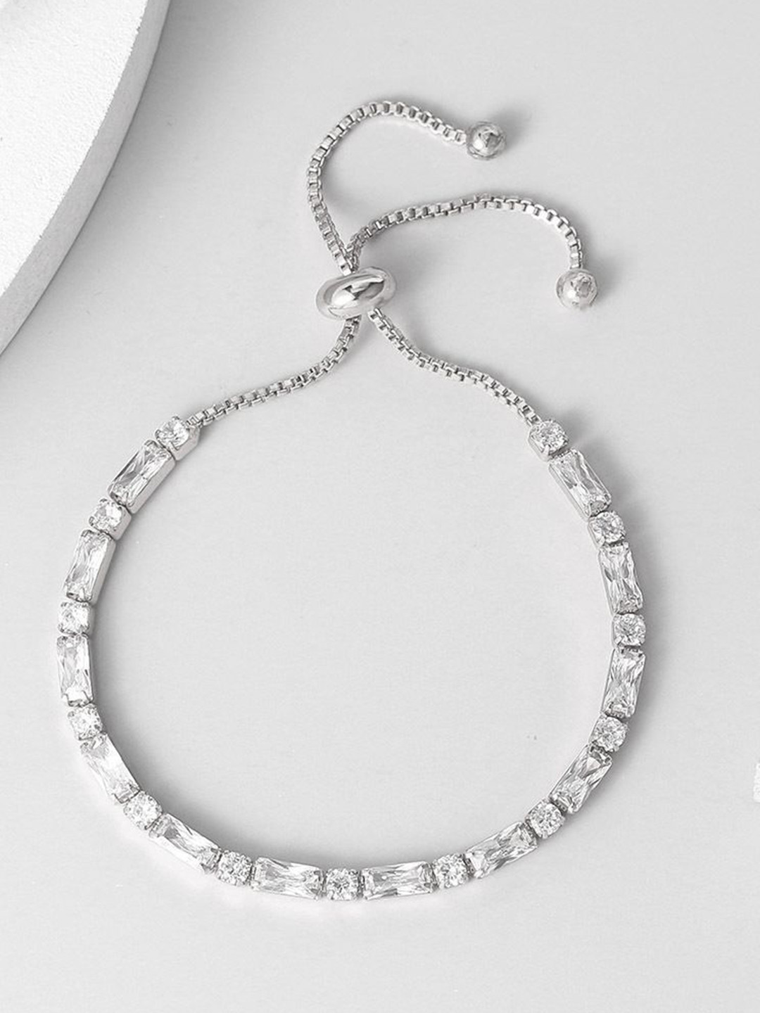 MEENAZ Stainless Steel Silver-Plated American Diamonds Link Anti Tarnish Tennis Bracelet