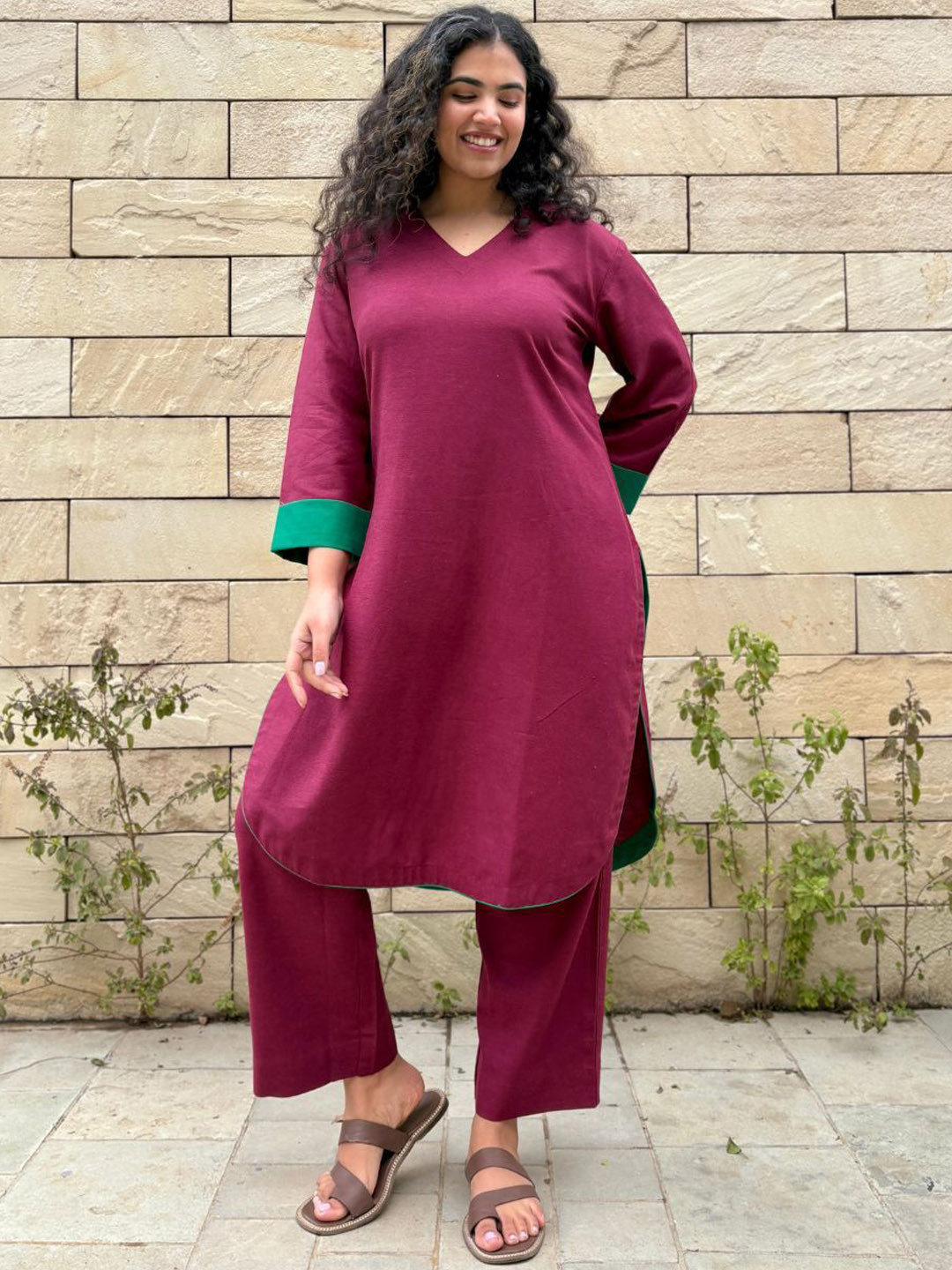 Minimul V-Neck Linen Straight Kurta With Trousers