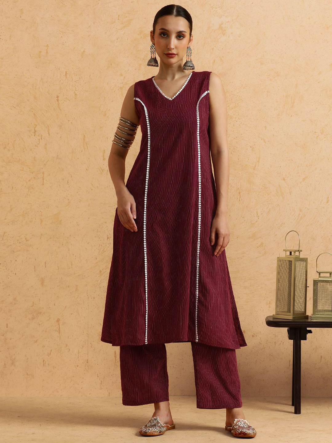 SHAHAD Striped Embroidered Thread Work V-Neck A-Line Pure Cotton Kurta With Trousers