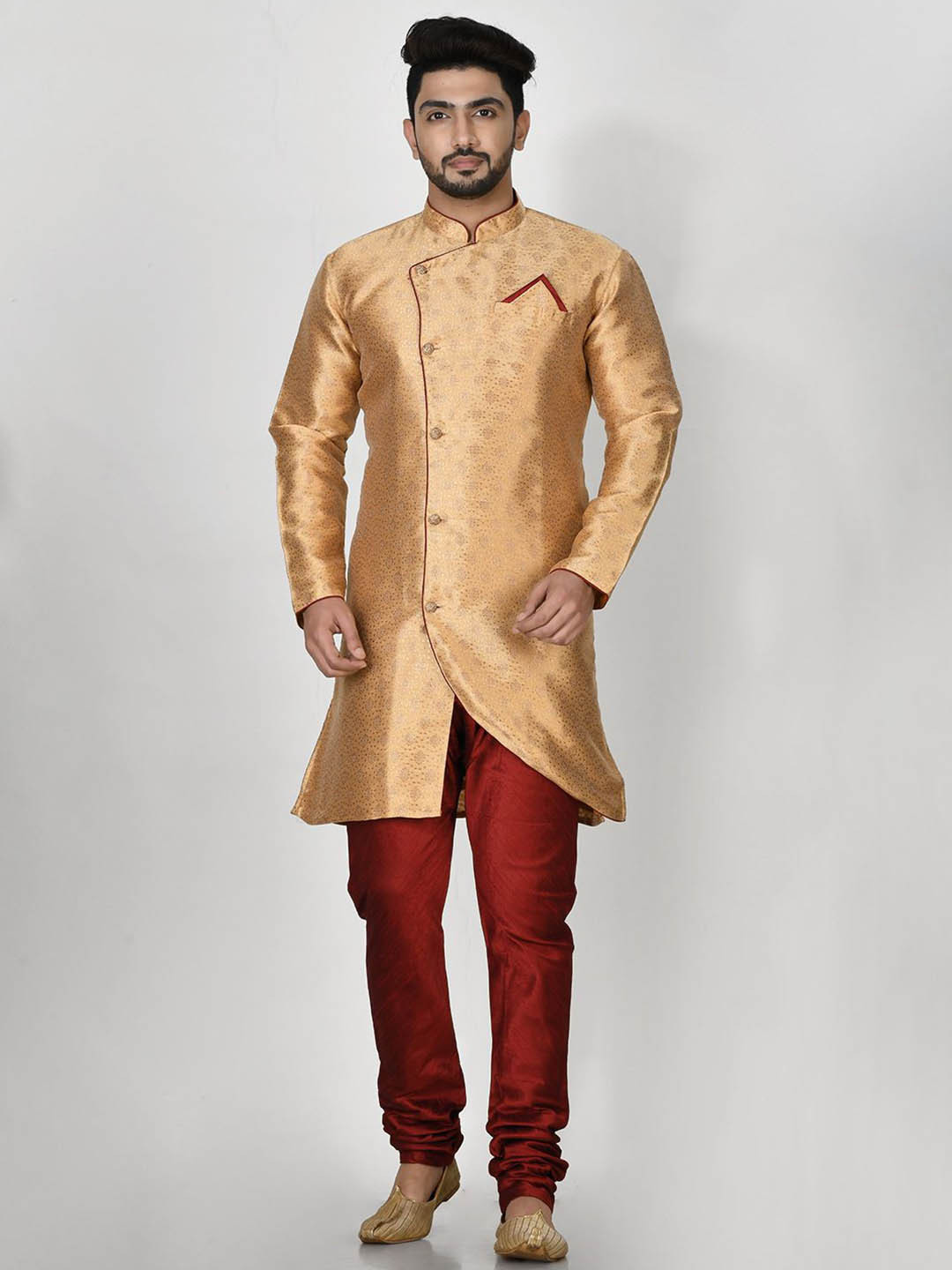 RANAK Abstract Woven Design Band Collar Jacquard Kurta