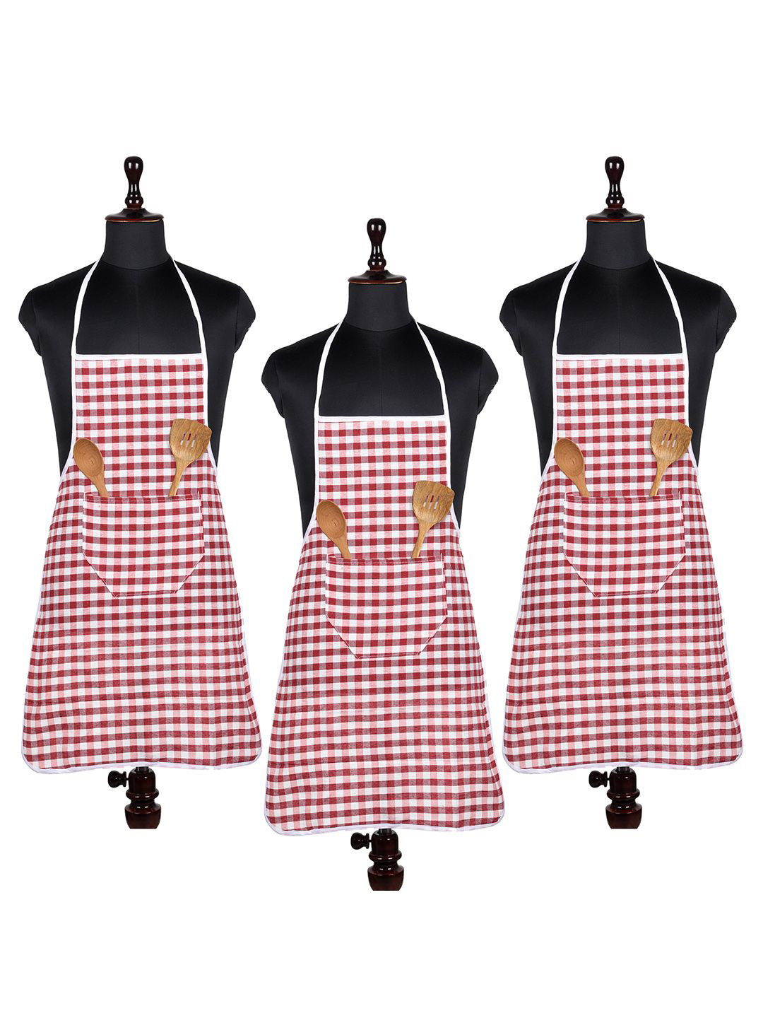 Kuber Industries Red & White 3 Pieces Checked Cotton Front Pocket Aprons