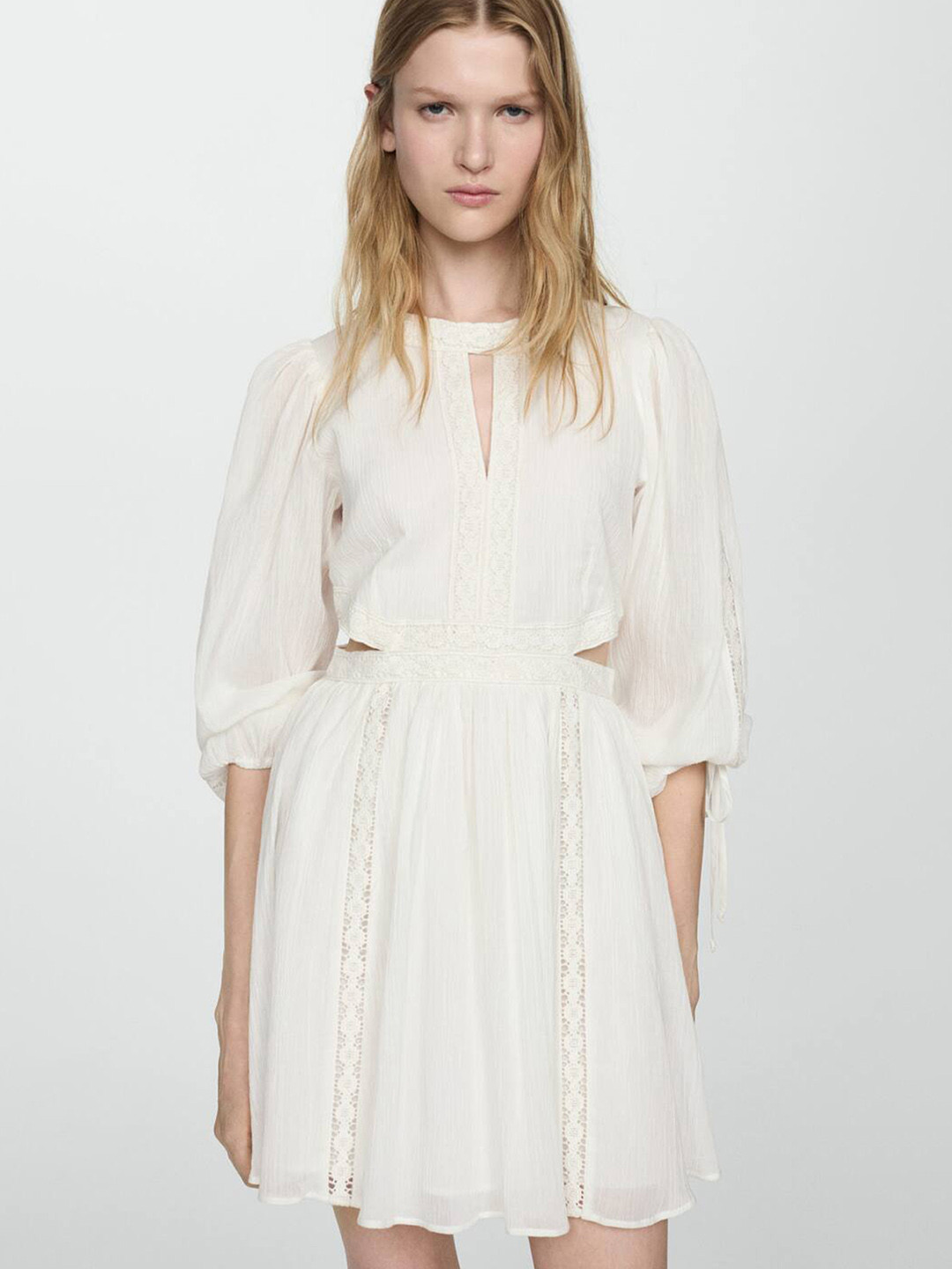 MANGO Cotton Puff Sleeves Lace Inserted A-Line Mini Dress