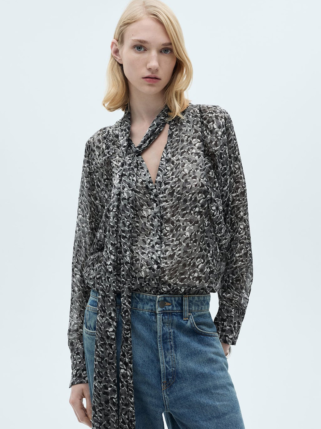 MANGO Animal Print Tie-Up Neck Shirt