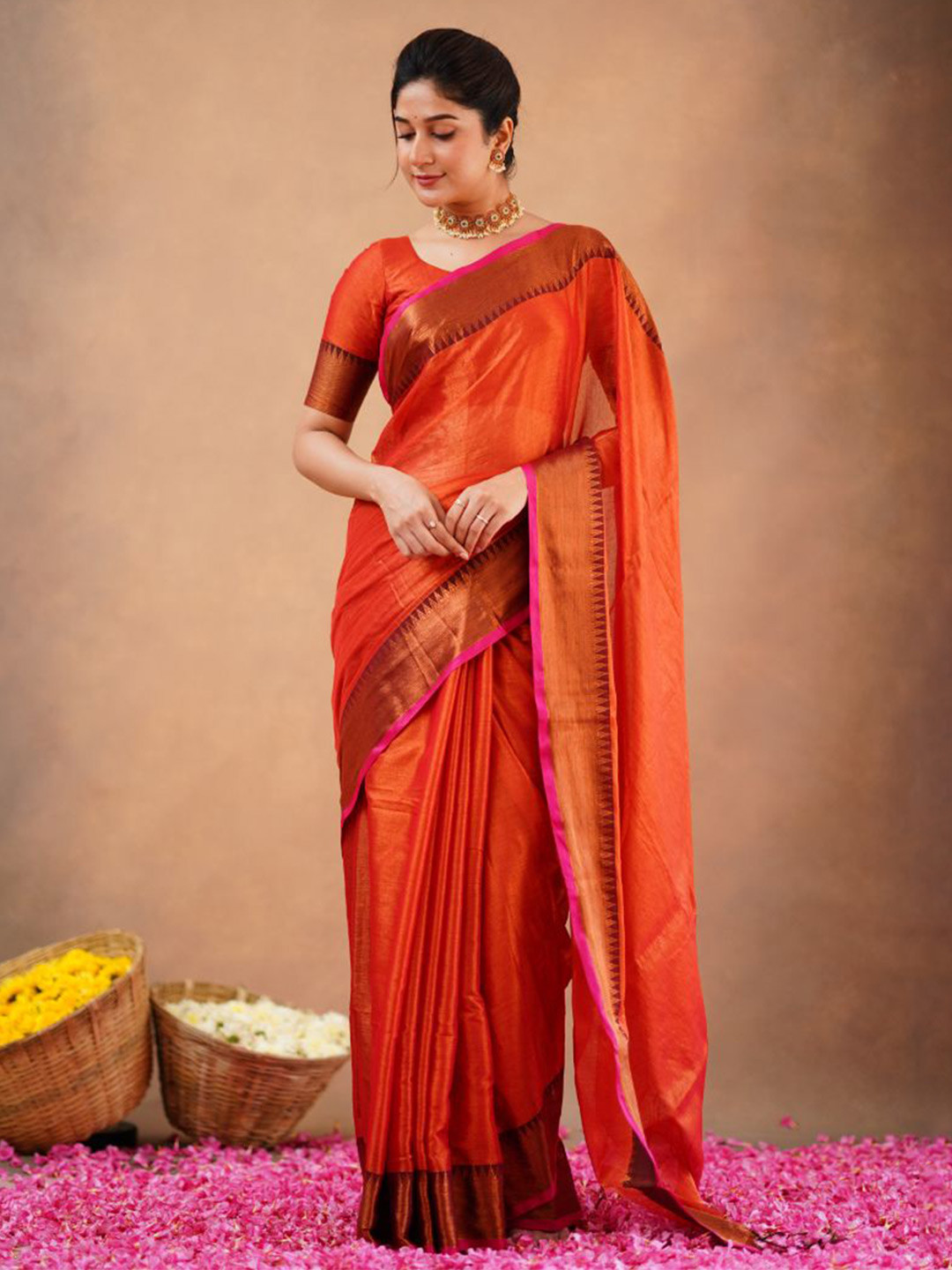 Sutisancha Orange Handloom Temple Tissue Saree