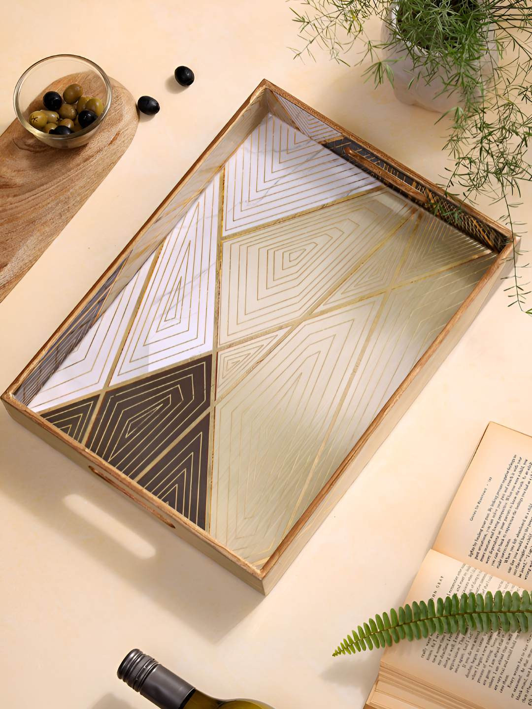 DULI Gold-Toned 2024 Wood 1 Pieces Easy to Clean Serving Tray