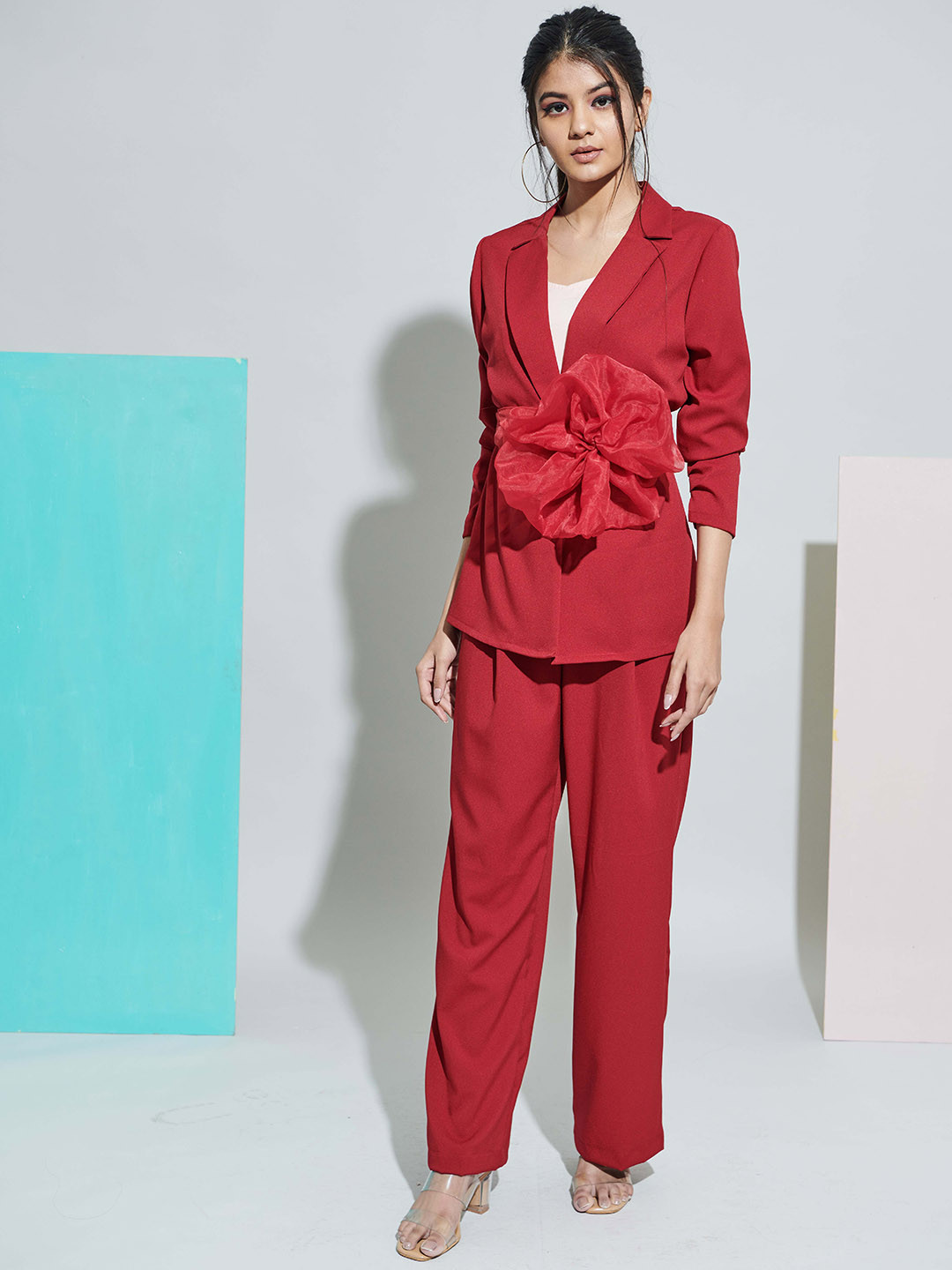 WEAVING CULT Women Gathered 3D Flower Belt Power Suit