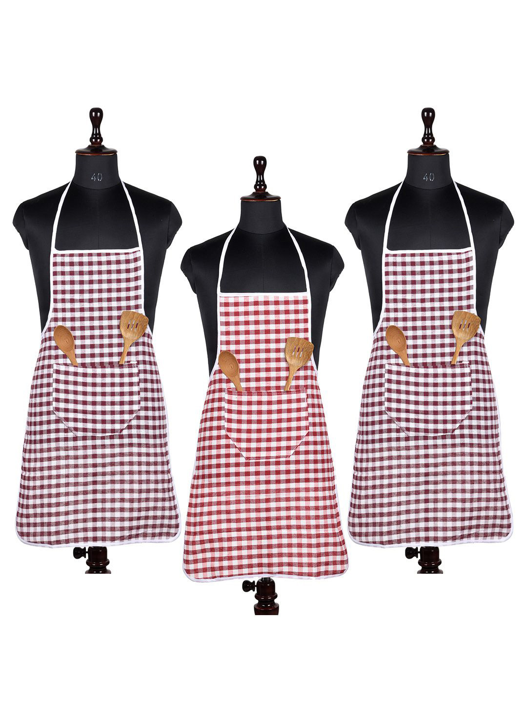Kuber Industries White & Red 3 Pieces Checked Cotton Skin Friendly Water Resistant Aprons
