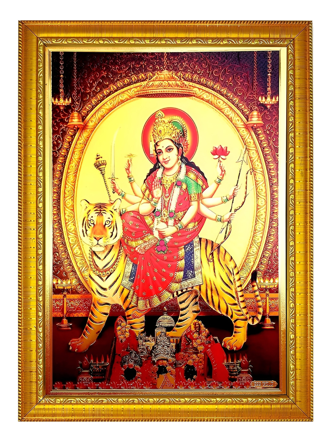 ADA Handicraft God Gold-Toned & Red Durga Maa Printed Wooden Wall Photo Frame
