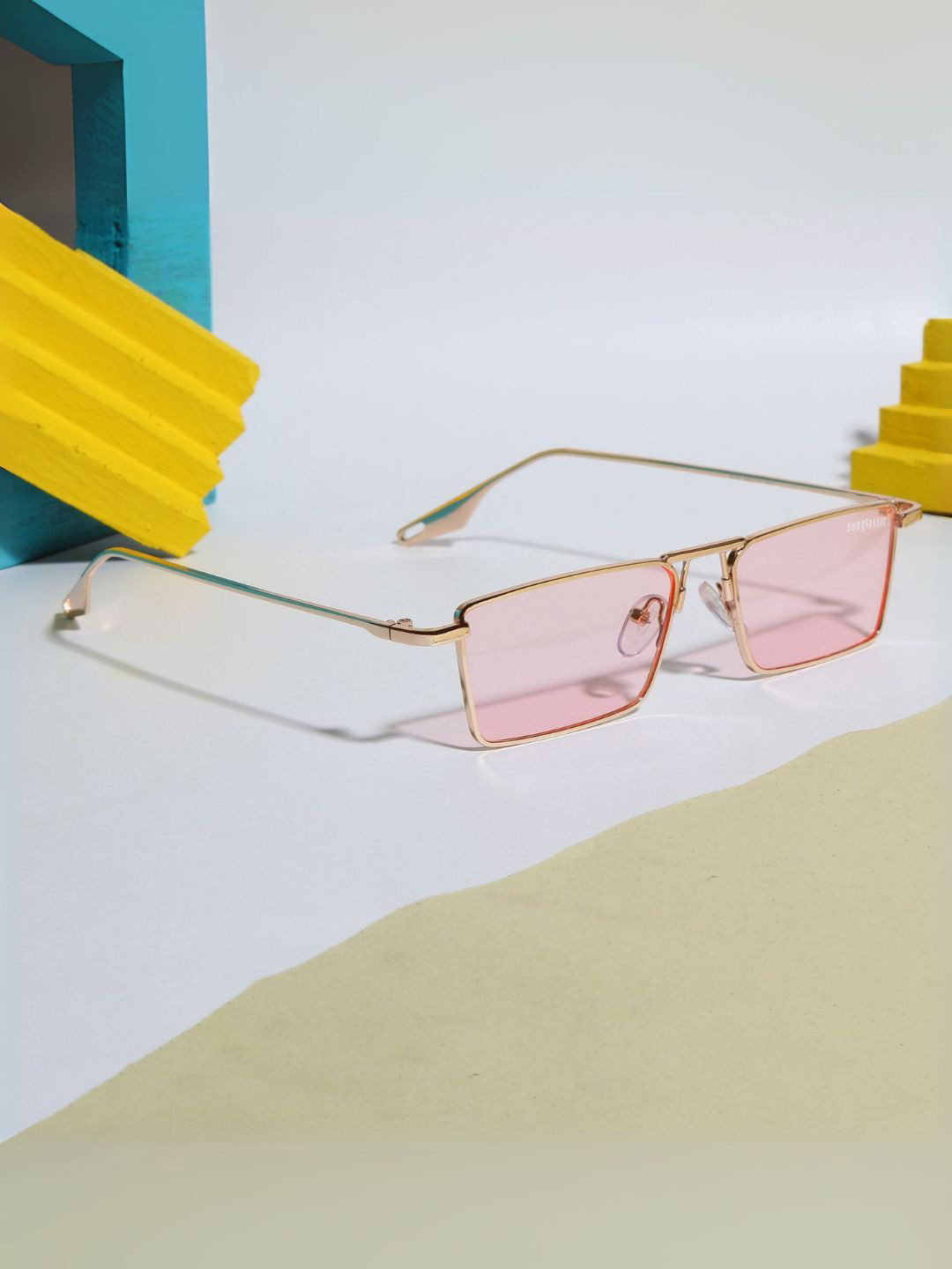 SUNGLASSIC Unisex Rebel Gold Pink Rectangle Sunglasses with UV Protected Lens
