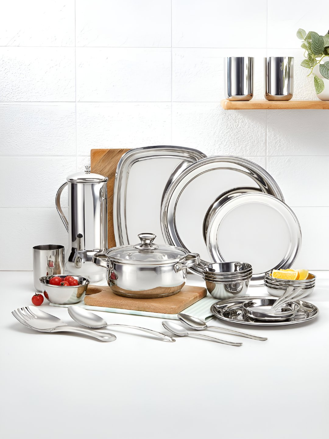 BOROSIL Steel 50 Pieces Stainless Steel Dishwasher Safe Glossy Dinner Set