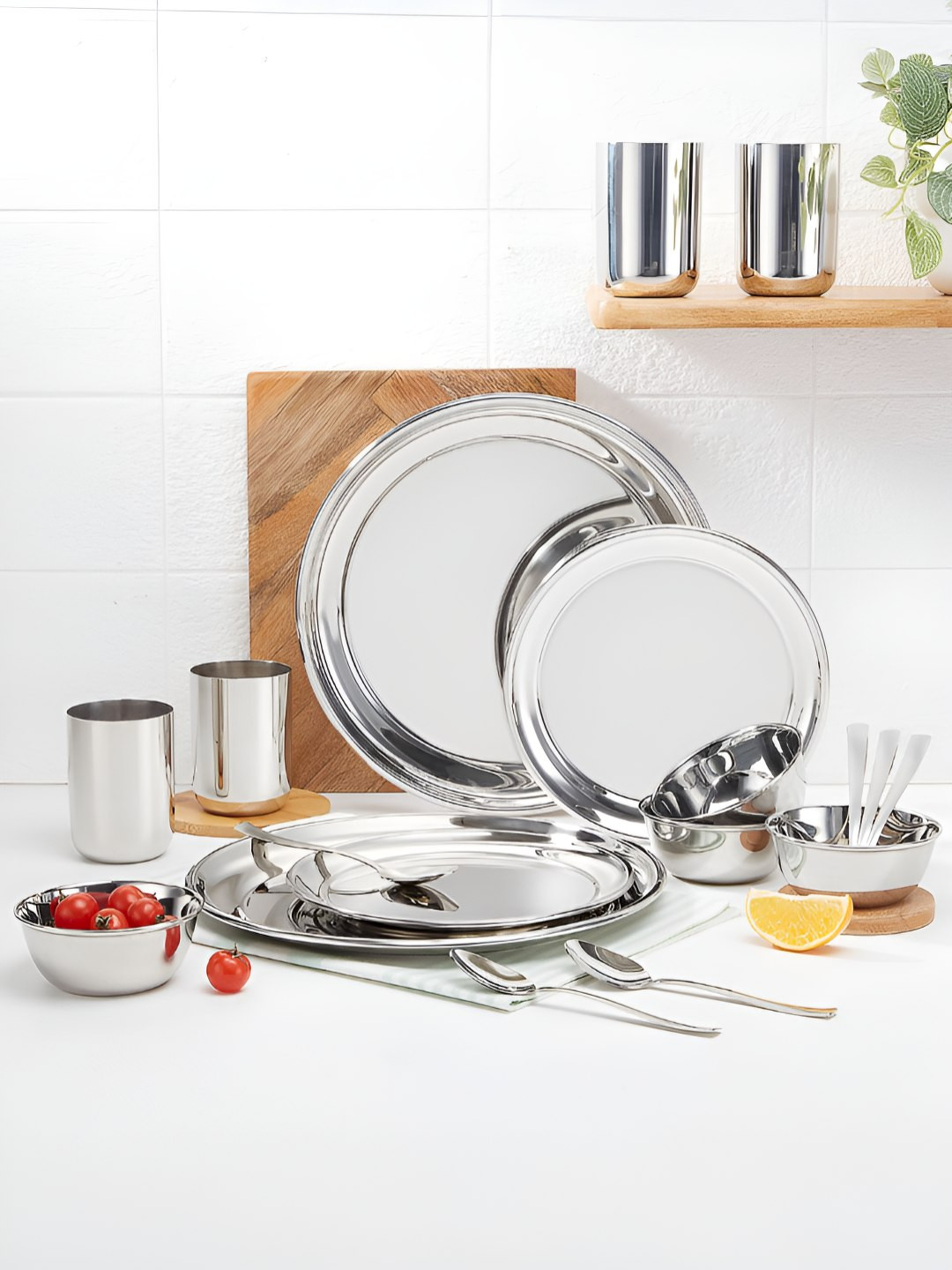 BOROSIL Steel 30 Pieces Stainless Steel Dishwasher Safe Glossy Dinner Set