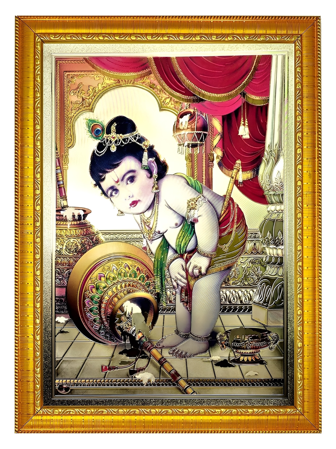 ADA Handicraft God Gold-Toned & Red Krishna Ji Printed Wooden Wall Photo Frame