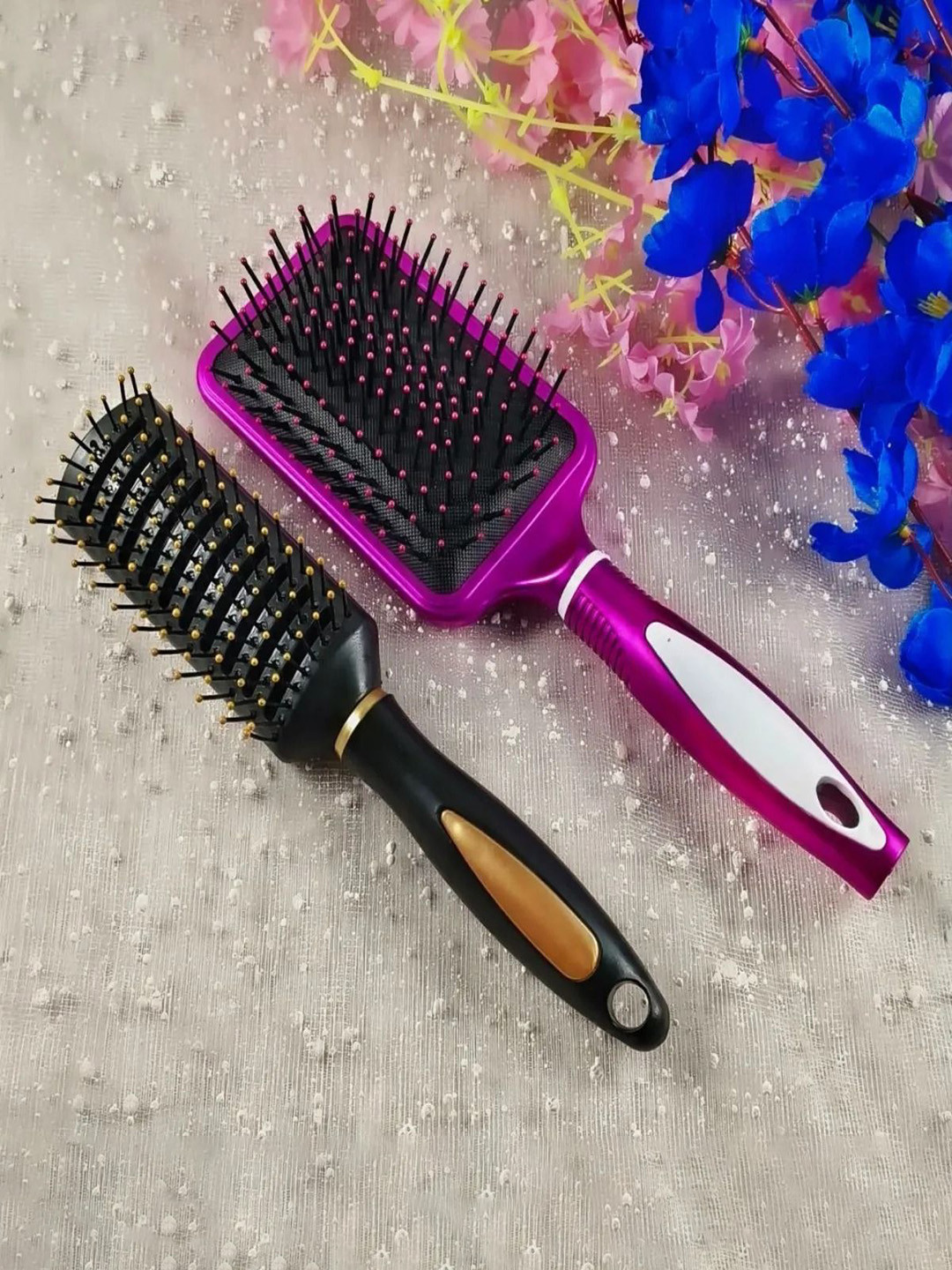 Jewelz Set Of 2 Paddle Cushion Hair Brush For Detangle & Smooth- Black & Pink