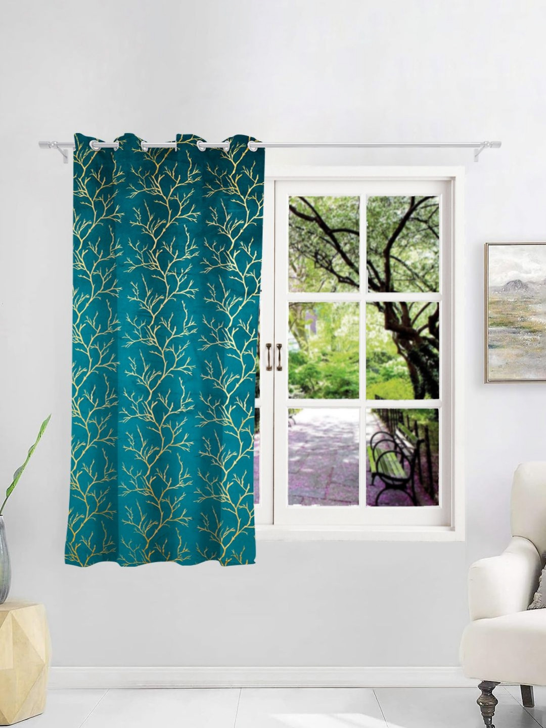 THE CONVERSION Turquoise Blue & Gold-Toned Foil Work Velvet Room Darkening Window Curtain
